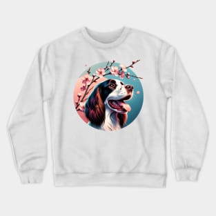 Joyful English Springer Spaniel with Spring Cherry Blossoms Crewneck Sweatshirt